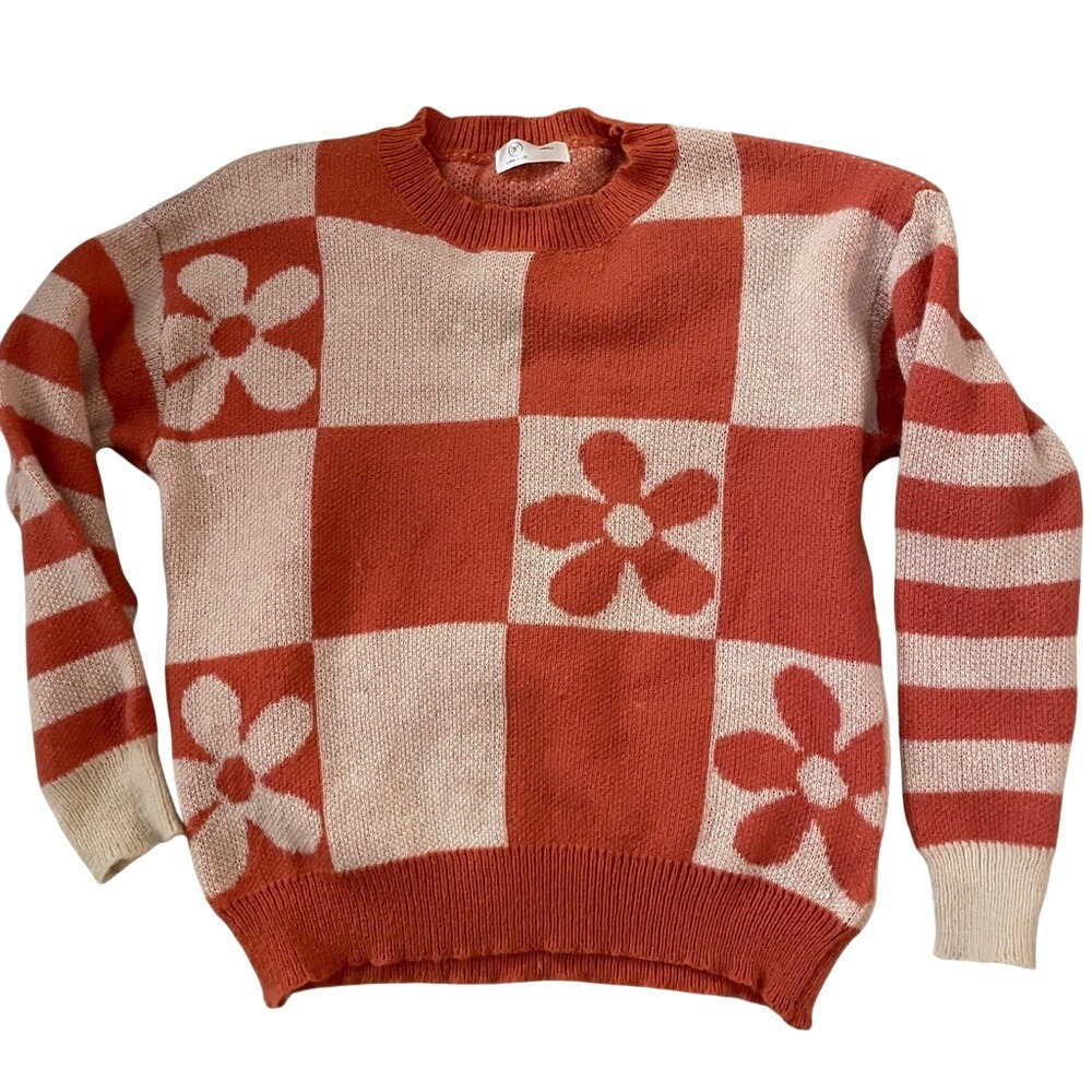 Liam & Co. Orange Cream Checkerboard Floral‎ Striped Crewneck Sweater Small